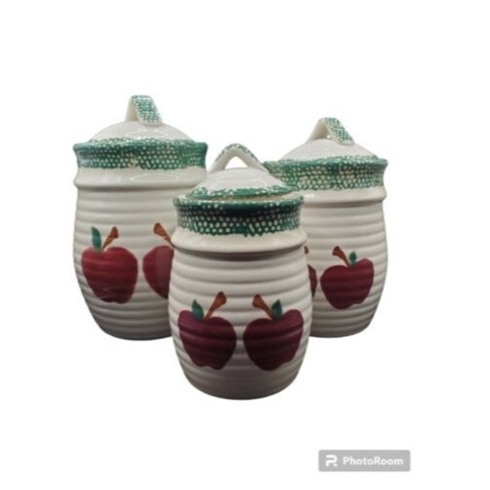 Vintage 3 Alco Industries Inc Cranberry NJ Red Apple, Green Spongeware Canisters